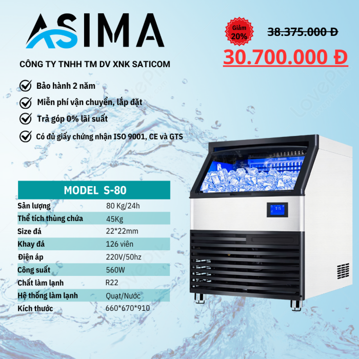 Máy làm đá viên 80kg ASIMA MODEL  S-80