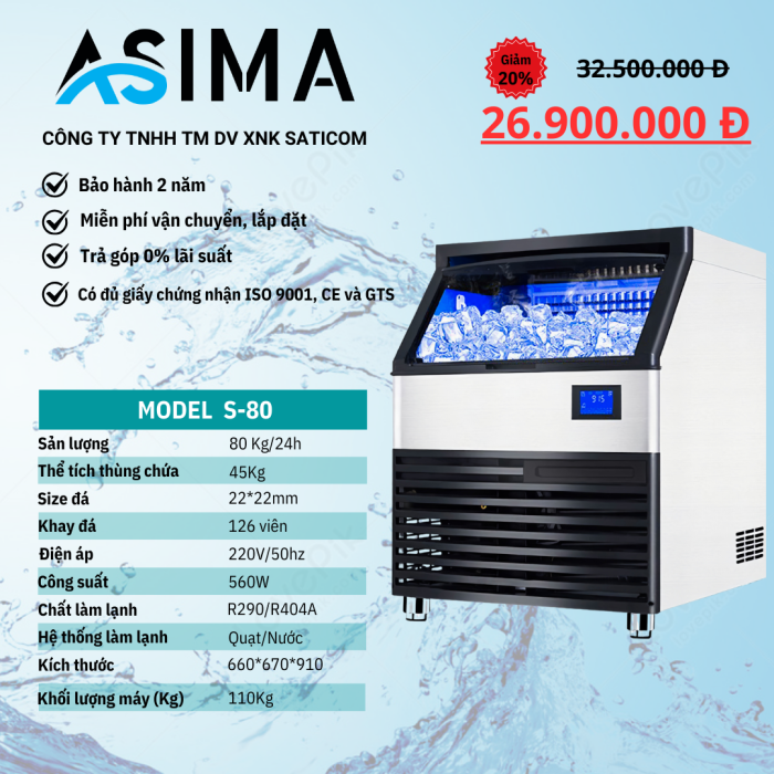 Máy làm đá viên 80kg ASIMA MODEL  S-80