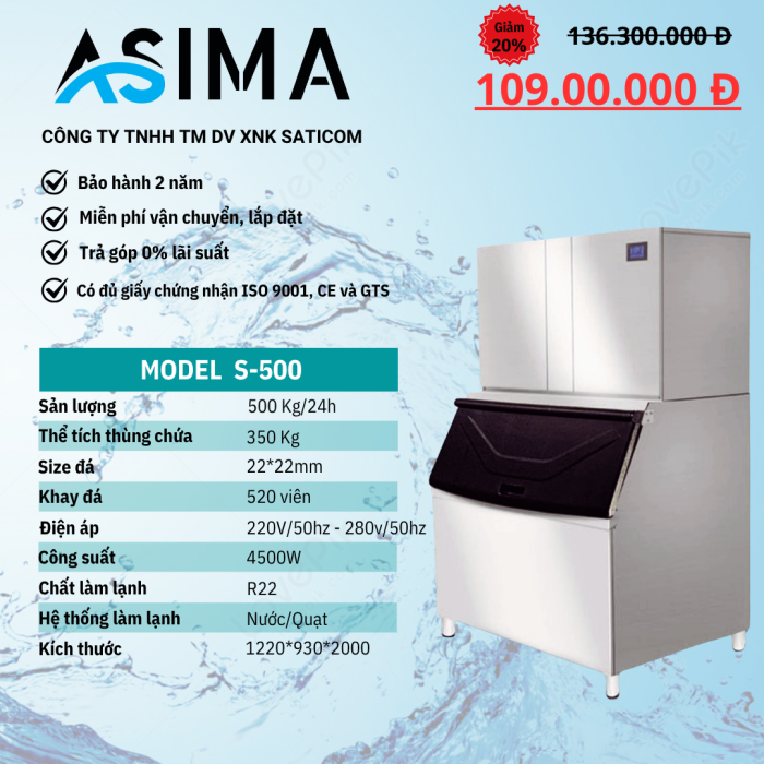 Máy làm đá viên 500kg ASIMA MODEL  S-500