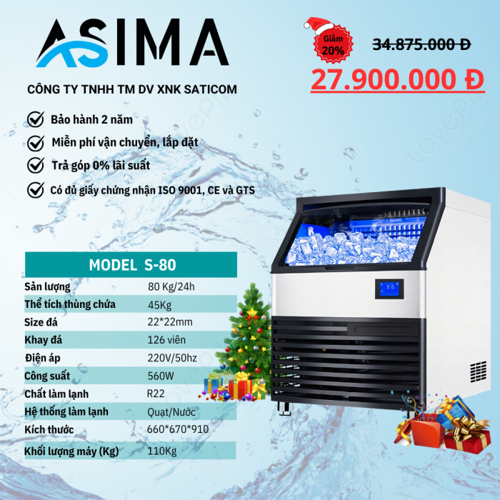 Máy làm đá viên 80kg ASIMA MODEL  S-80