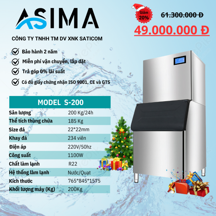 Máy làm đá viên 200kg ASIMA MODEL  S-200