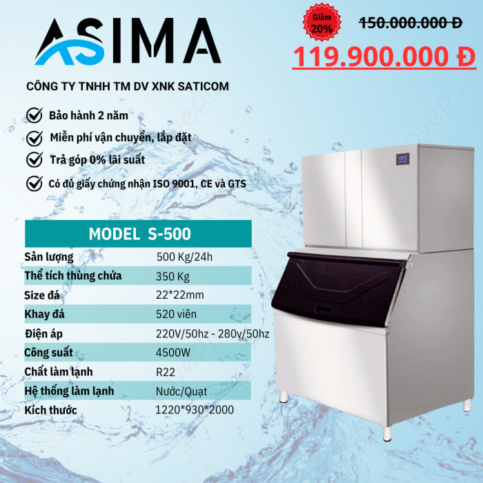 Máy làm đá viên 500kg ASIMA MODEL  S-500